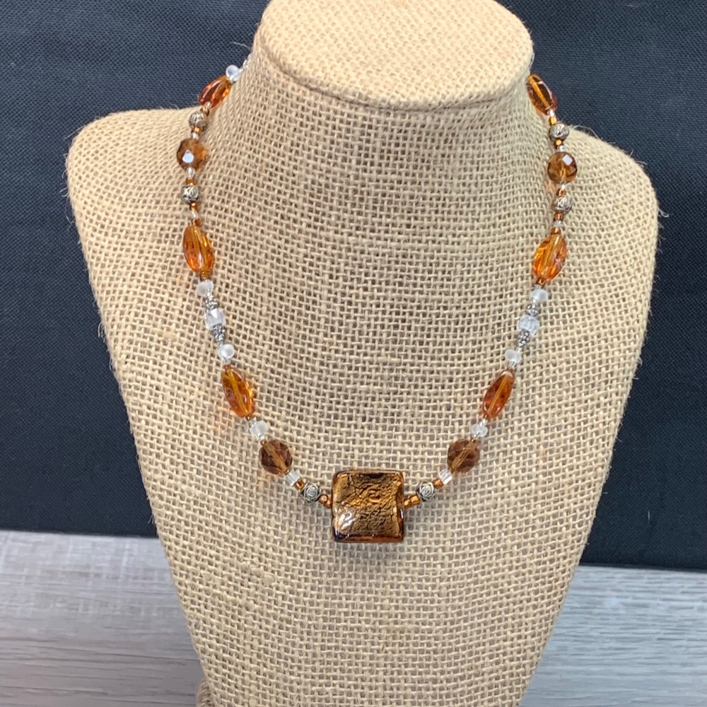 Amber Glass Beaded Necklace Square Gold Foil Focal Rose Accents 16 Inch Toggle